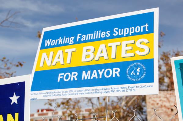 A sign authorized and paid for by Richmond Working Families for Jobs 2014 in support of Nat Bates. (photo by Harriet Rowan)